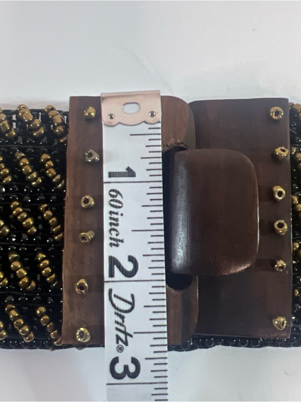 Vintage Boho Beaded Stretch Belt Bronze Brown Wood Buckle Wide Y2K Retro - Picture 11 of 12